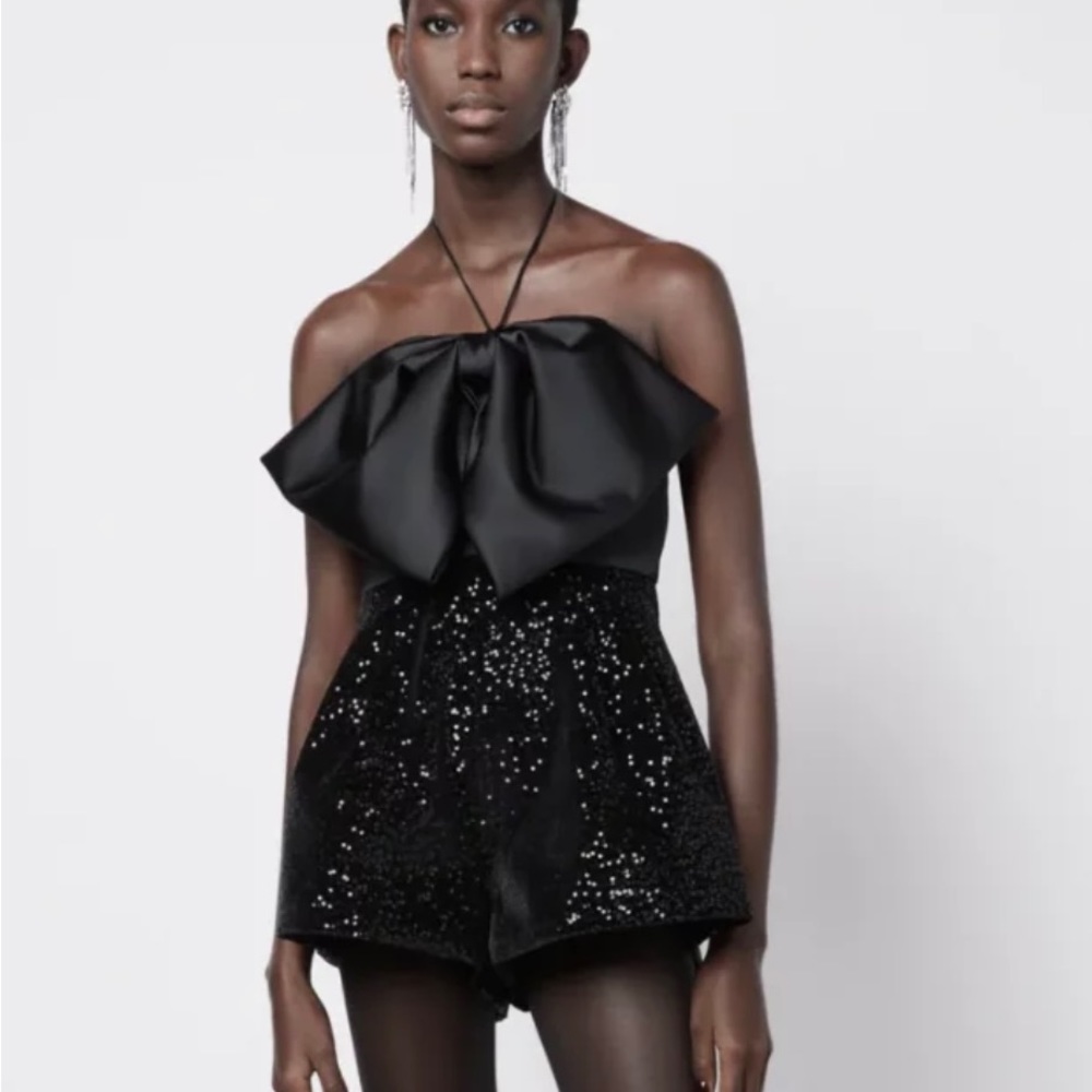 Black bow sequin romper